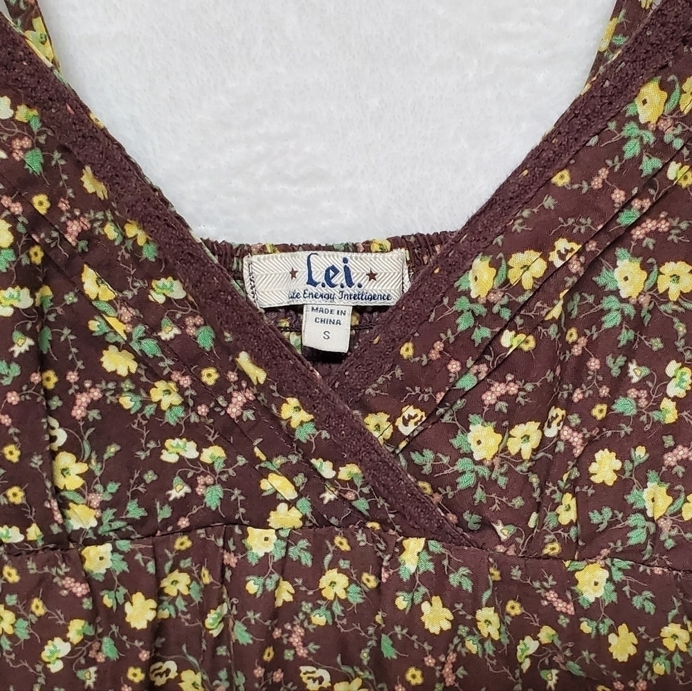 𝅺RETRO Y2K LEI Brown Yellow Ditsy Floral V-neck Pleated Mini Babydoll Dress S - Picture 6 of 14